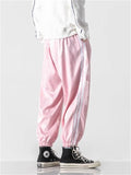 Male Chinese Style Loong Print Striped Ice Silk Pants