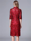 Women's Elegant Flower Embroidery Red Lace Qipao Dress