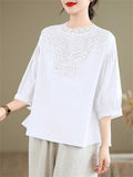 Retro Lace Patchwork Neck Lantern Sleeve Loose Shirts for Women