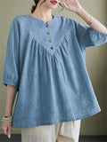 Summer Cotton Linen Half Sleeve Pleated Shirt for Women