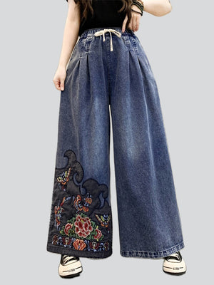 Ethnic Style Peony Embroidery Women's Wide Leg Jeans