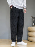 Men's Leaf Jacquard Side Slit Drawstring Casual Pants