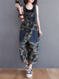 Yellow Flower Print Adjustable Strap Women's Denim Overalls