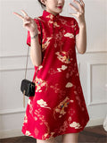 Chinese Red Flying Deer Print Knee Length Qipao