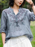 Female Summer V Neck Embroidered Breathable Shirts