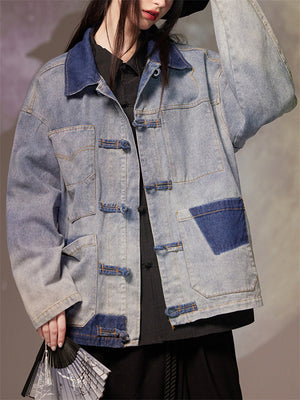 Women's Retro Patchwork Chinese Style Denim Chore Jacket