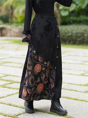 Ladies Asymmetric Flowers Embroidery Elastic Waist Skirts