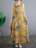 Chinese Rose Print Retro Yellow Tank Dress for Women