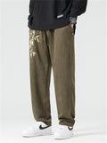 Men's Retro Gold Bamboo Leaf Embroidery Faux Suede Trousers