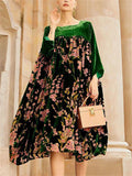 Women's Noble Green Square Neck Floral Print Velour Dresses