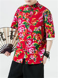 Male Flower Peacock Printed Short Sleeve Shirt