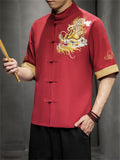 Chinese Style Hanfu Men's Golden Dragon Embroidery Knot Button Shirt