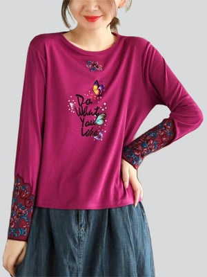 Female Round Neck Butterflies Pattern Long Sleeve Shirts