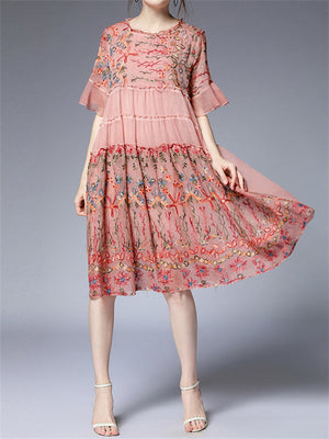 Women's Flare Sleeve Ruffled Floral Embroidered Dresses