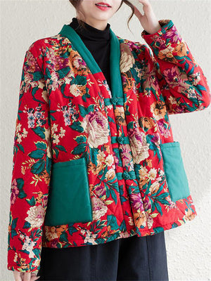 Women's Retro Flower Print V-Neck Button Up Warm Plush Coat