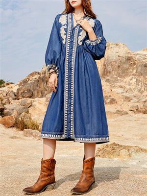 Women's Ethnic Style V Neck Puff Sleeve High-Rise Denim Dress