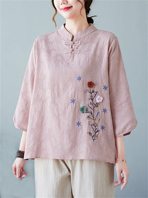 Women's Floral Hand Embroideried Elegant Stand Collar Shirt