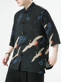 Chinese Style Knot Button Half Sleeve Flying Crane Print Shirt