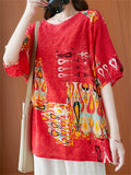 Ethnic Totem Print Round Neck Short Sleeve Shirt for Women