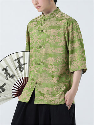 Male Chinese Style Pavilion Jacquard Smooth Button Up Shirts