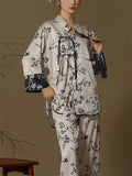 Retro Swallow Flower Print Tassel Button Women's Pajama Sets