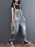 Lovely Cartoon Mouse Print Blue Denim Jumpsuit for Women