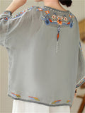 Ladies Ethnic Style Floral Embroidery Round Neck Shirts