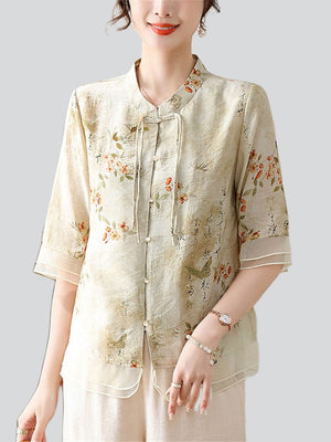 Women's Spring Blossoms Hanzi Print Chiffon Shirt