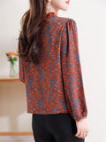 Women's Ruffled Collar Print Decorative Button Faux Silk Shirt