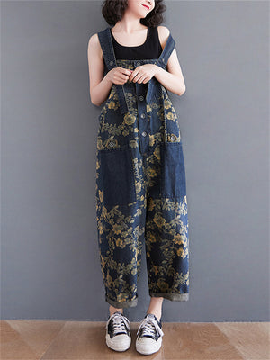 Yellow Flower Print Adjustable Strap Women's Denim Overalls