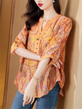 Retro Orange Paisley Print V Neck Half Sleeve Shirt for Women