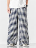 Asian High Street Style Plaid Cotton Linen Wide Leg Pants for Men