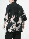 Chinese Style Knot Button Half Sleeve Flying Crane Print Shirt