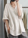 Loose V Neck Half Sleeve Breathable Simple Linen Shirt for Women