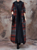 Female Plaid Patchwork Hooded Fake Two Piece Wool Blend Coat