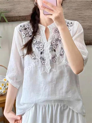 Female Summer V Neck Embroidered Breathable Shirts