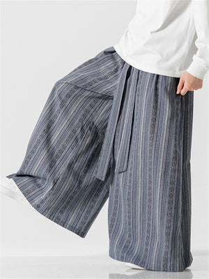 Men's Bohemian Cotton Linen Lace Up Striped Wide Leg Pants