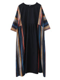 Ethnic Style Multicolor Stripes Round Neck Loose Dress for Women