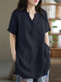 V Neck Short Sleeve Pullover Relaxed Linen Shirt for Female