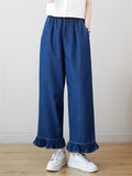 Women's Ruffled Leg Cuff Blue Straight Leg Jeans