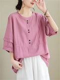 Women's Decorative Button Round Neck Relaxed Pullover Shirt