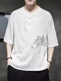 Lotus Flower Dragonfly Embroidered Men's Half Sleeve Shirts