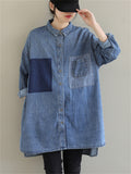 Women's Blue Single-Breasted Lapel Oversized Stylish Denim Shirt