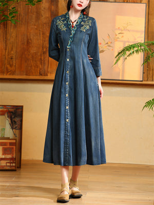 Embroidery V Neck High-Rise Women Pleated Denim Dress