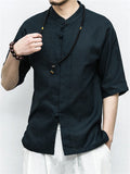 Men's Summer Vacation Stand Collar Button Short Sleeve Linen Shirt