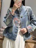 Women's Mythical Phoenix Embroidery Stand Collar Blue Denim Jacket