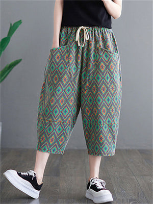 Women's Vacation Green Diamond Elastic Waist Denim Cropped Pants