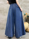 Female Ethnic Style Peony Embroidered Denim Wide Leg Pants