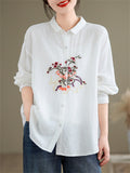 Women's Vibrant Flowers Embroidered Turn-down Collar Shirt