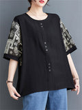 Scoop Neck Button Decoration Print Short Sleeve Shirt for Women